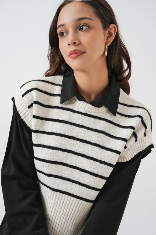 Kadın Çizgili Triko Süveter 15926 - Ekru
