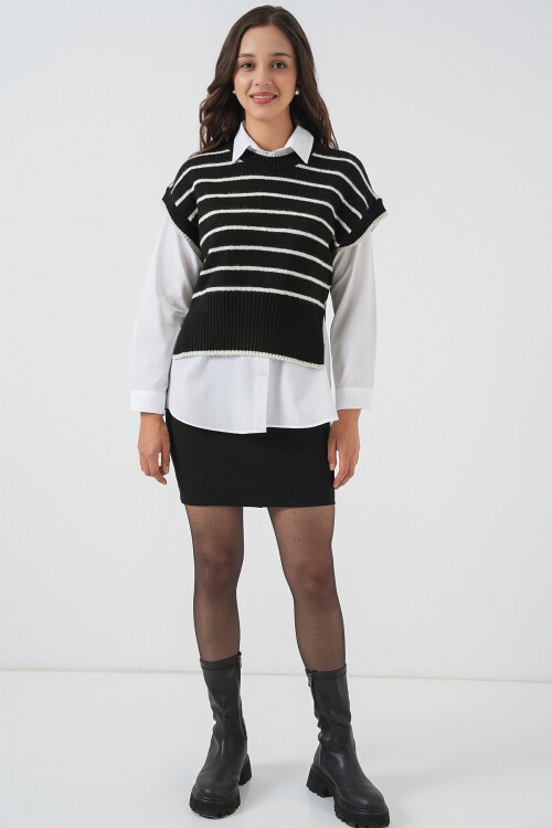 Kadın Çizgili Triko Süveter 15926 - Siyah