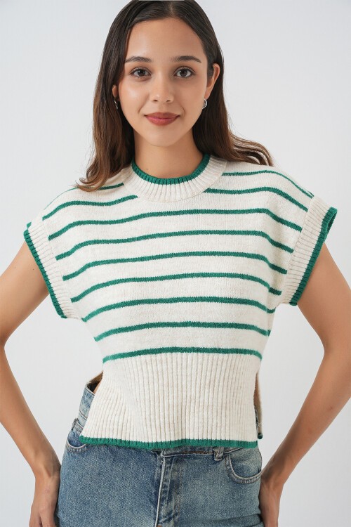 Kadın Çizgili Triko Süveter 15926 - Zümrüt Yeşili