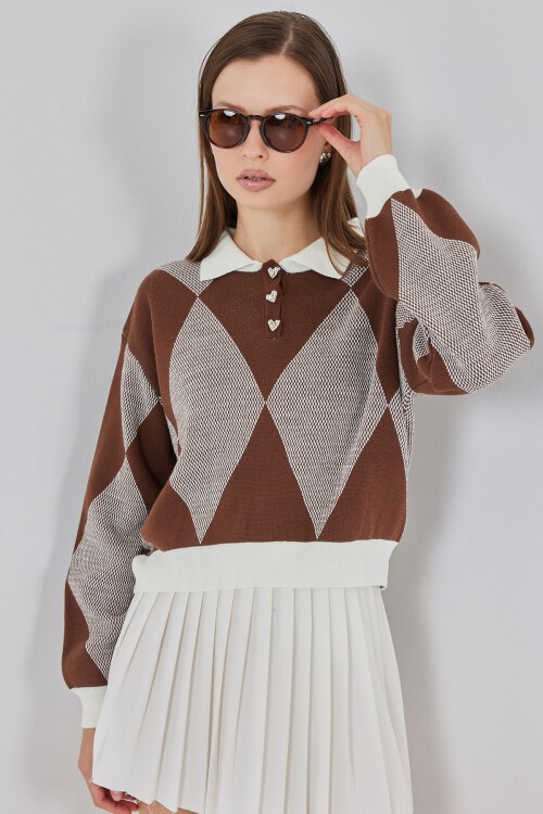 Kadın Crop Triko Kazak 15936 - A.Kahve