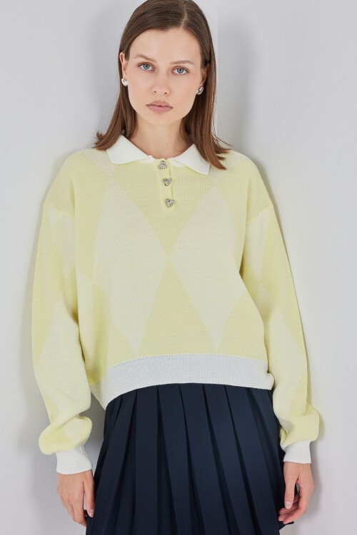 Kadın Crop Triko Kazak 15936 - A.Sarı