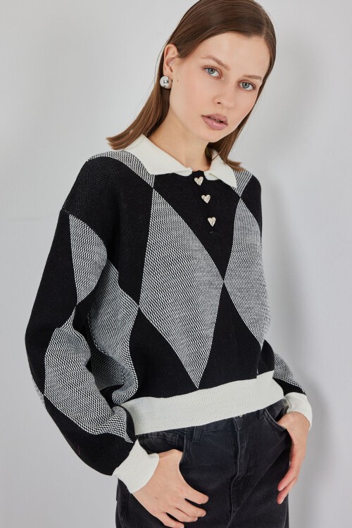 Kadın Crop Triko Kazak 15936 - D. Siyah