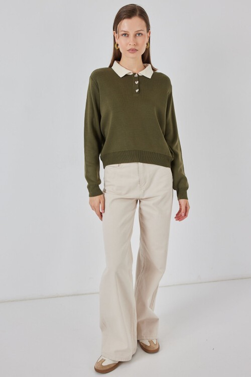 Kadın Crop Triko Kazak 15936 - Haki