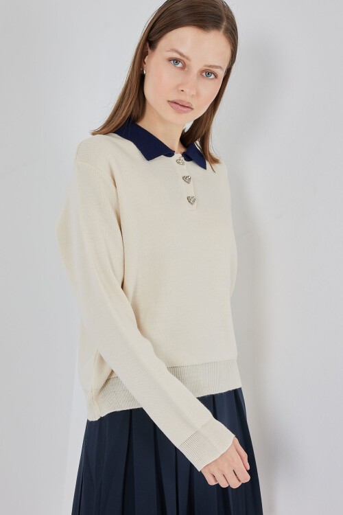 Kadın Crop Triko Kazak 15936 - Krem