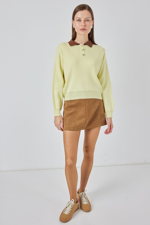 Kadın Crop Triko Kazak 15936 - Sarı