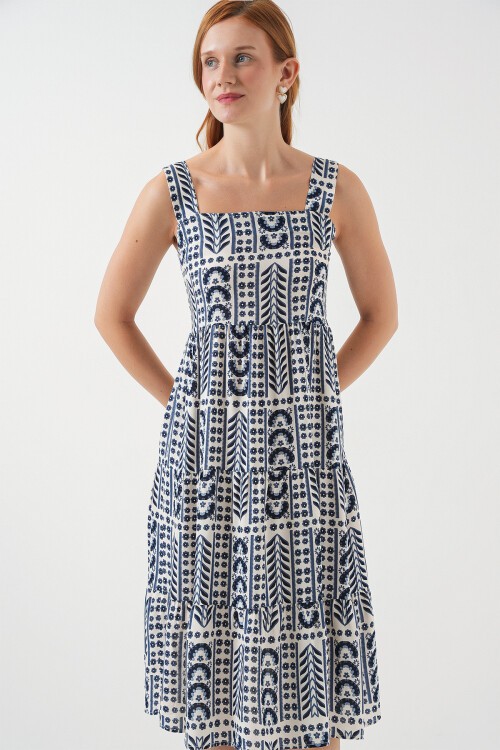 Kadın Desenli Askılı Midi Elbise 2577 - Krem