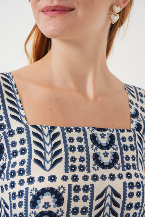 Kadın Desenli Askılı Midi Elbise 2577 - Krem