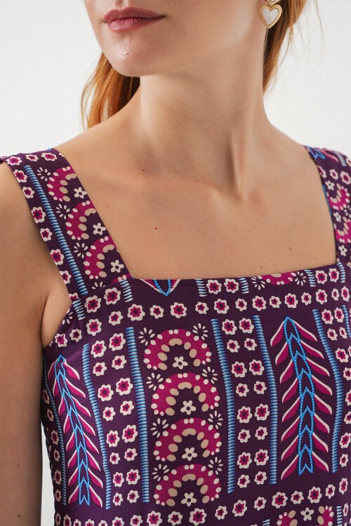 Kadın Desenli Askılı Midi Elbise 2577 - Mor