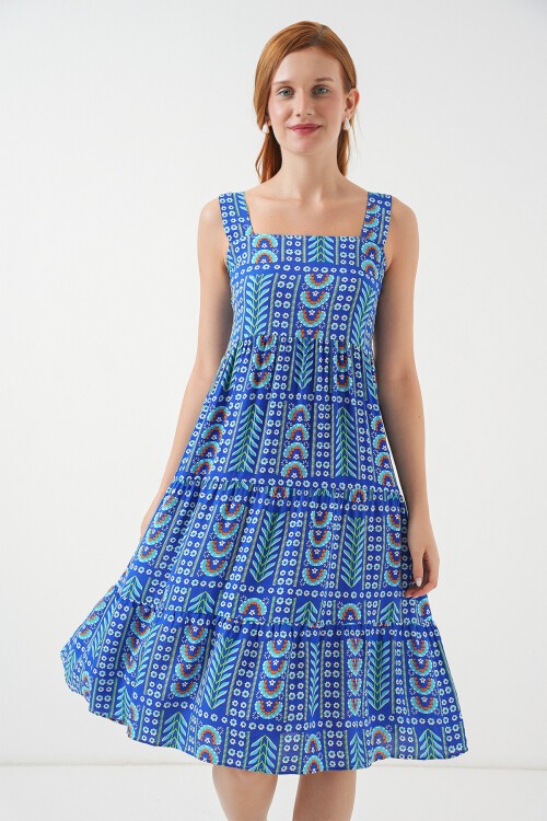 Kadın Desenli Askılı Midi Elbise 2577 - Saks