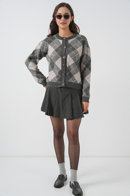 Kadın Desenli Düğmeli Triko Hırka 15927 - Antrasit