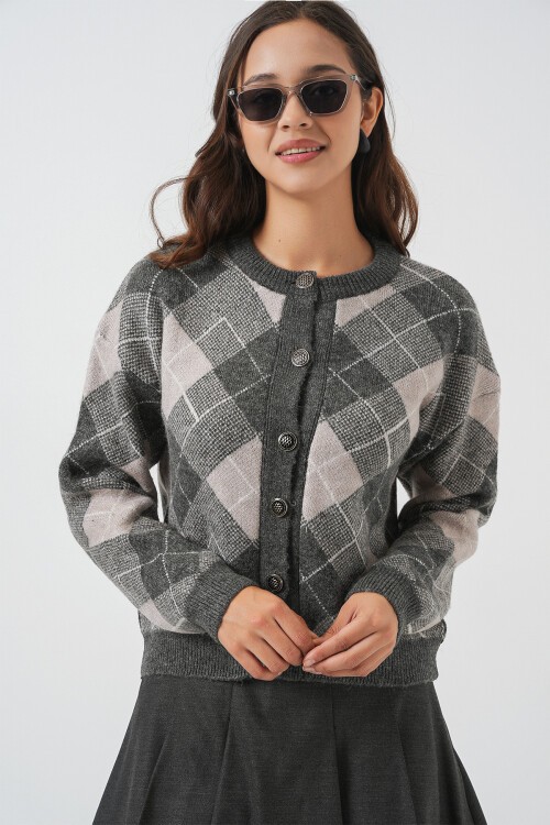 Kadın Desenli Düğmeli Triko Hırka 15927 - Antrasit