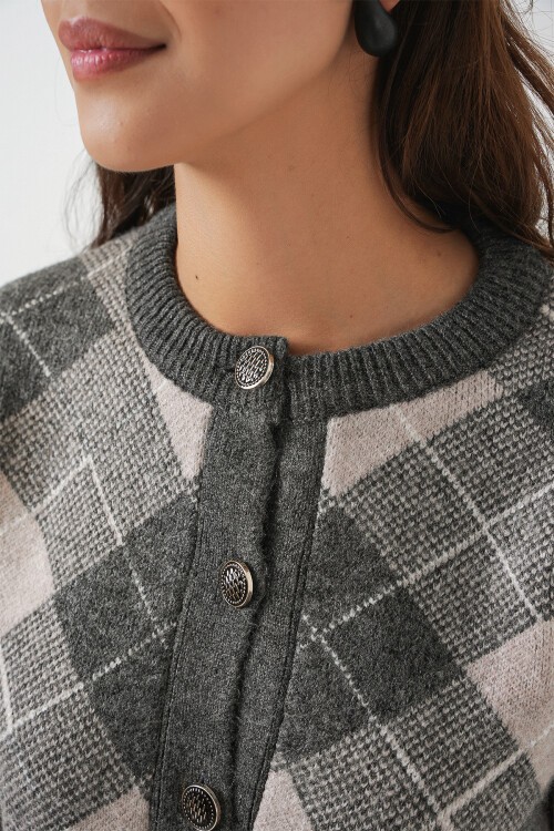 Kadın Desenli Düğmeli Triko Hırka 15927 - Antrasit