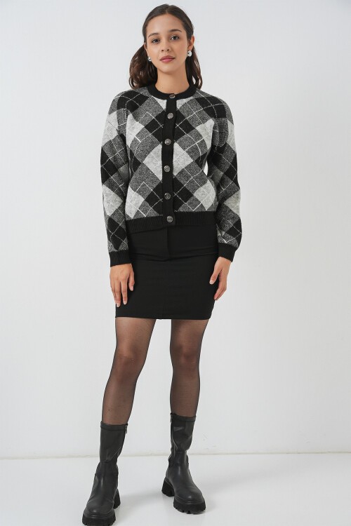 Kadın Desenli Düğmeli Triko Hırka 15927 - Siyah