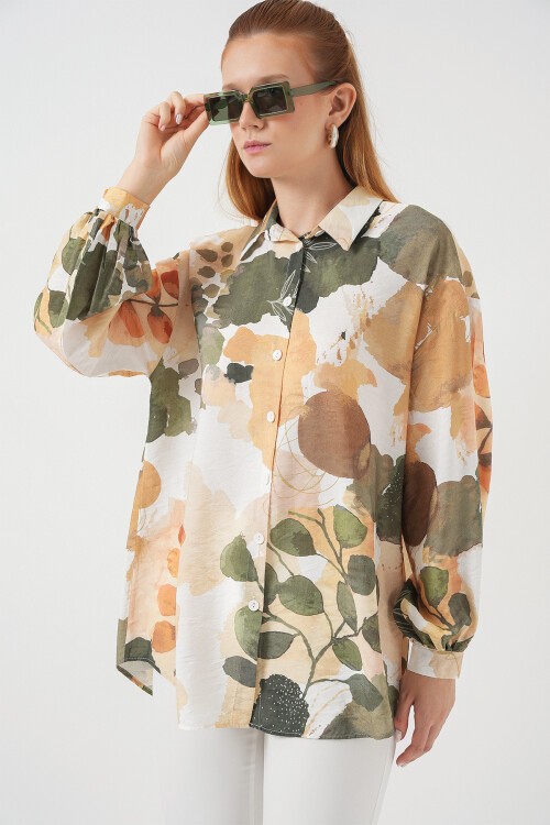 Kadın Desenli Overize Gömlek Tunik 5971 - Çağla