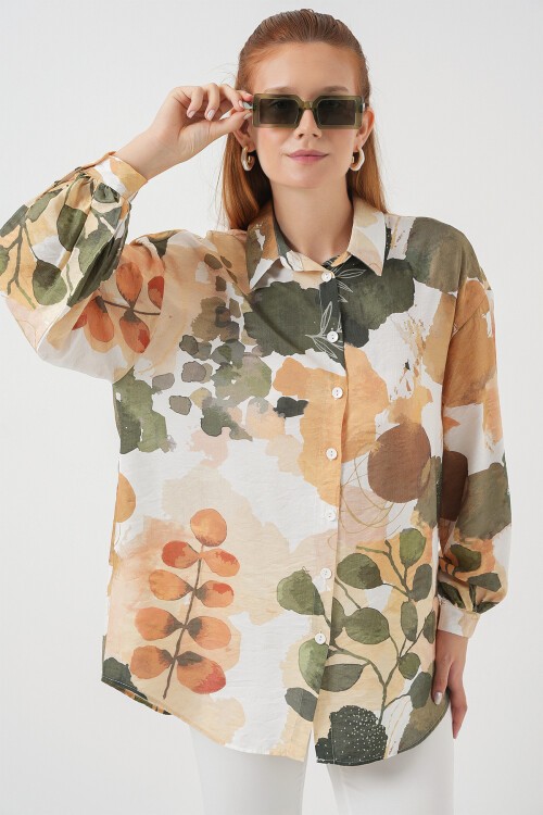 Kadın Desenli Overize Gömlek Tunik 5971 - Çağla