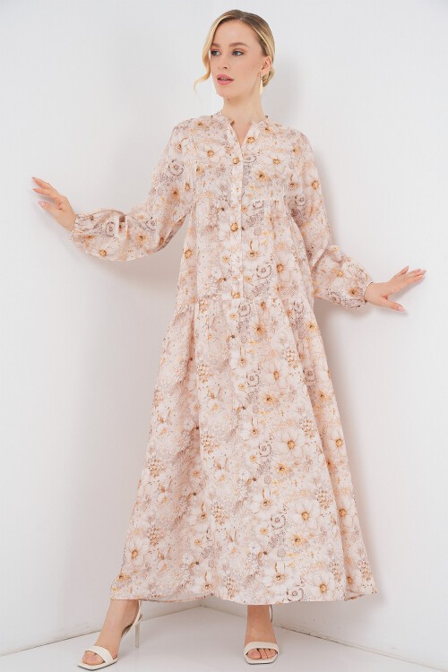 Kadın Desenli Tesettür Elbise 2583 - Bej