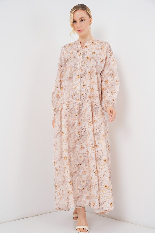 Kadın Desenli Tesettür Elbise 2583 - Bej