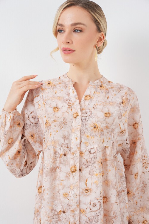 Kadın Desenli Tesettür Elbise 2583 - Bej