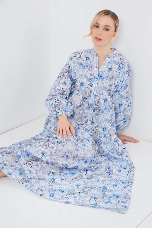 Kadın Desenli Tesettür Elbise 2583 - Mavi