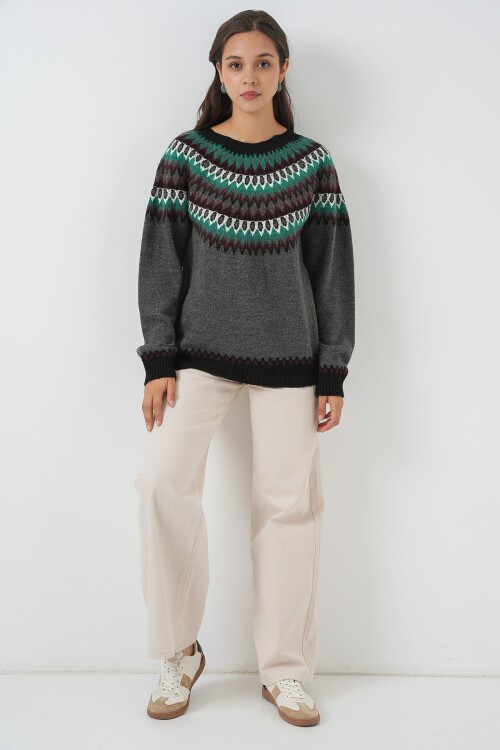 Kadın Desenli Triko Kazak 15932 - Antrasit