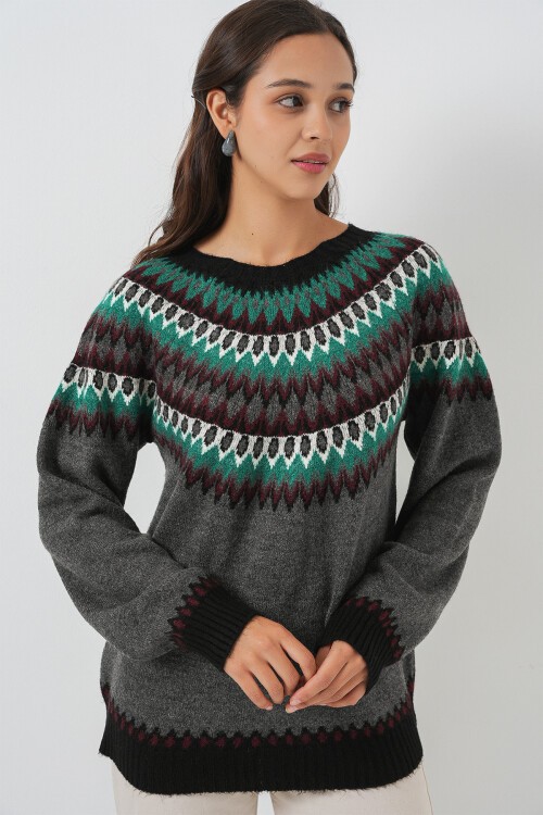 Kadın Desenli Triko Kazak 15932 - Antrasit