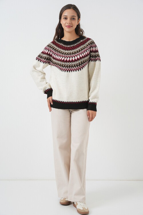 Kadın Desenli Triko Kazak 15932 - Ekru