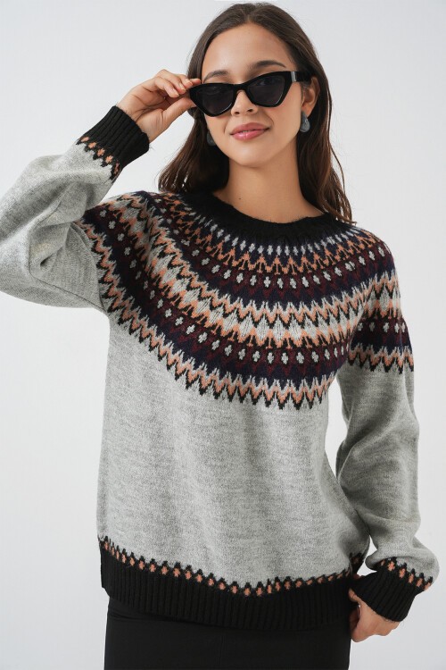 Kadın Desenli Triko Kazak 15932 - Gri