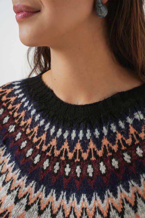 Kadın Desenli Triko Kazak 15932 - Gri