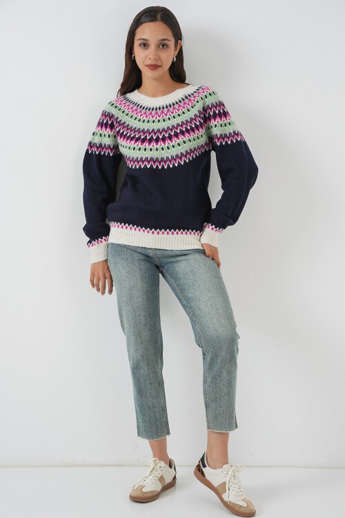 Kadın Desenli Triko Kazak 15932 - Lacivert