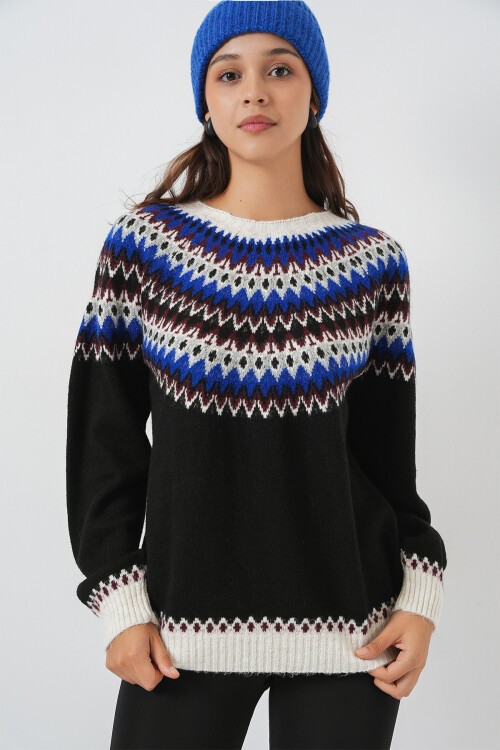 Kadın Desenli Triko Kazak 15932 - Siyah