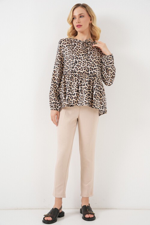 Kadın Desenli Uzun Kol Bluz 970 - C. Kahverengi