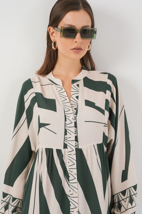 Kadın Desenli Uzun Tesettür Elbise 2585 - A. Zümrüt Yeşili