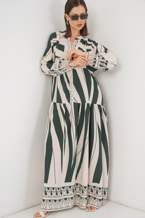 Kadın Desenli Uzun Tesettür Elbise 2585 - A. Zümrüt Yeşili