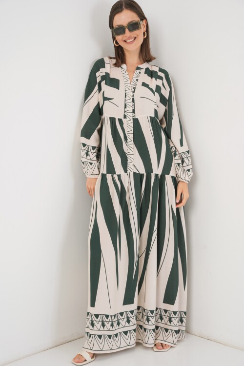 Kadın Desenli Uzun Tesettür Elbise 2585 - A. Zümrüt Yeşili