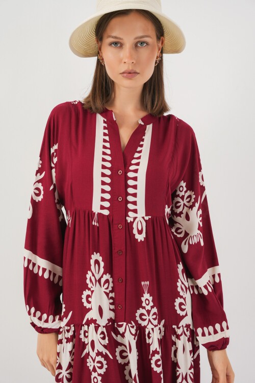 Kadın Desenli Uzun Tesettür Elbise 2585 - A.Bordo