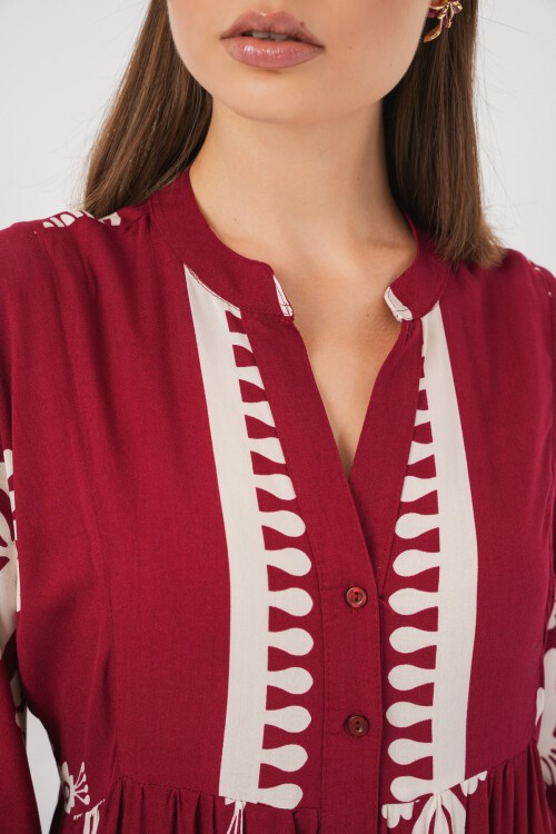 Kadın Desenli Uzun Tesettür Elbise 2585 - A.Bordo