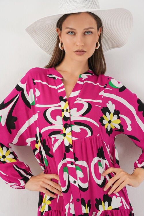 Kadın Desenli Uzun Tesettür Elbise 2585 - A.Fuşya