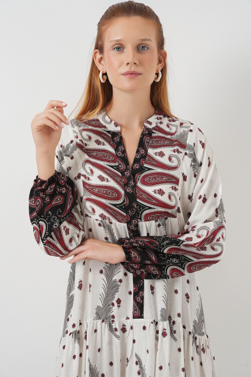 Kadın Desenli Uzun Tesettür Elbise 2585 - A.Kırmızı