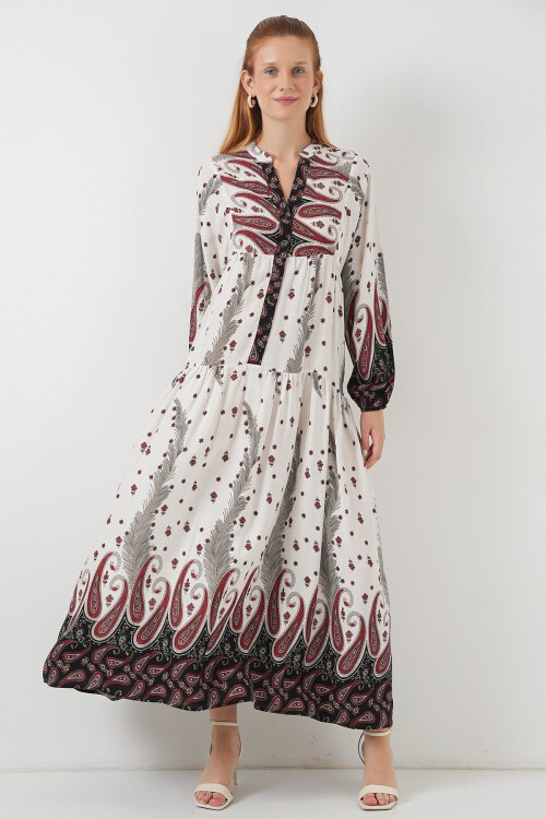 Kadın Desenli Uzun Tesettür Elbise 2585 - A.Kırmızı
