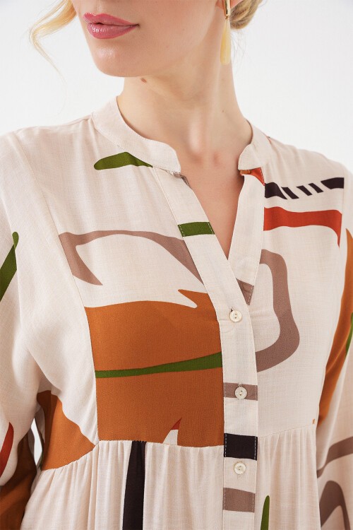 Kadın Desenli Uzun Tesettür Elbise 2585 - A.KREM