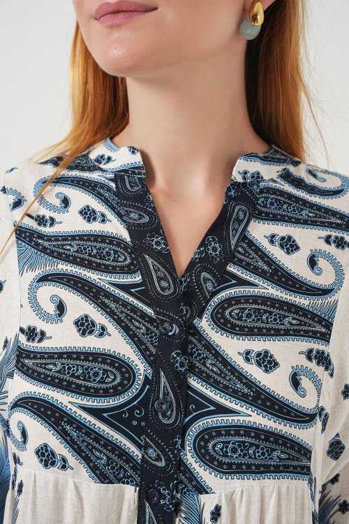 Kadın Desenli Uzun Tesettür Elbise 2585 - A.Lacivert