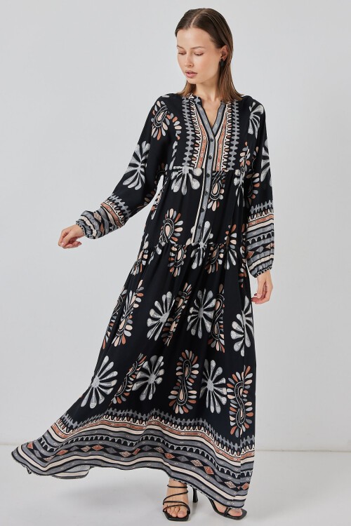 Kadın Desenli Uzun Tesettür Elbise 2585 - A.Siyah