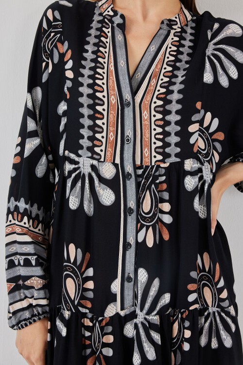 Kadın Desenli Uzun Tesettür Elbise 2585 - A.Siyah