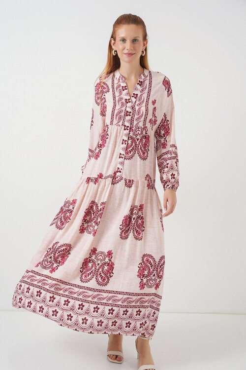 Kadın Desenli Uzun Tesettür Elbise 2585 - B.Kırmızı