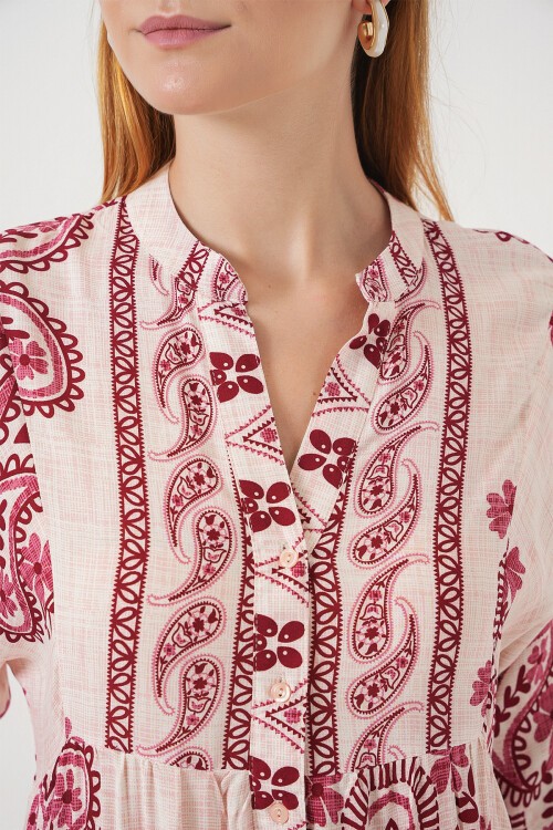 Kadın Desenli Uzun Tesettür Elbise 2585 - B.Kırmızı