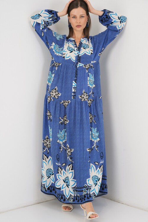 Kadın Desenli Uzun Tesettür Elbise 2585 - B.Mavi