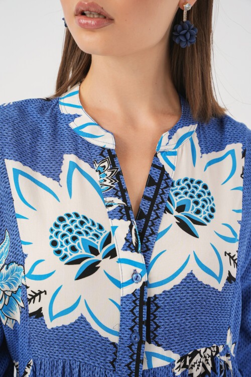 Kadın Desenli Uzun Tesettür Elbise 2585 - B.Mavi