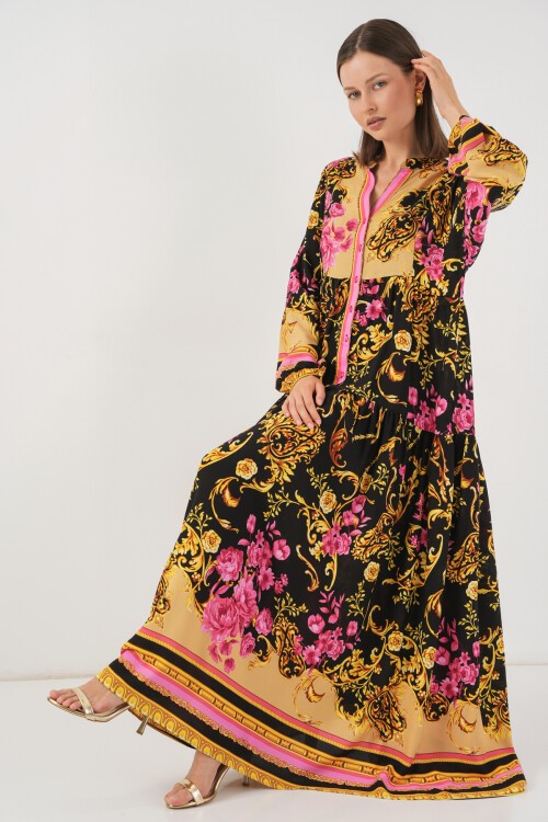 Kadın Desenli Uzun Tesettür Elbise 2585 - B.Sarı