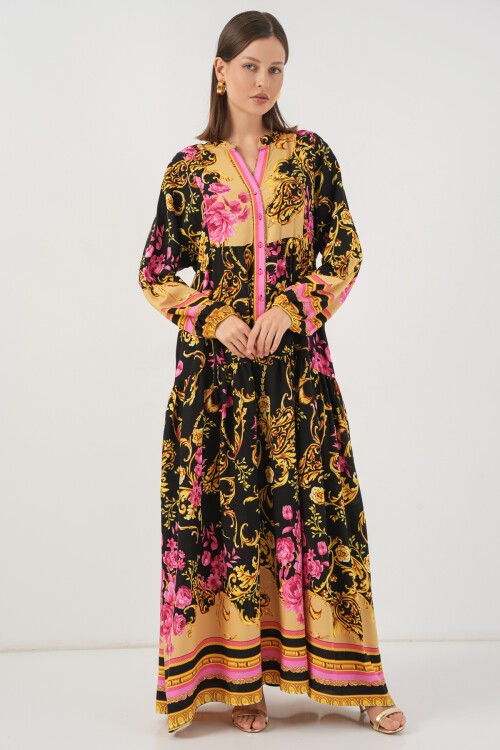 Kadın Desenli Uzun Tesettür Elbise 2585 - B.Sarı