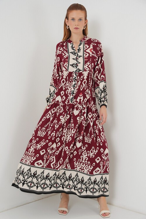 Kadın Desenli Uzun Tesettür Elbise 2585 - Bordo